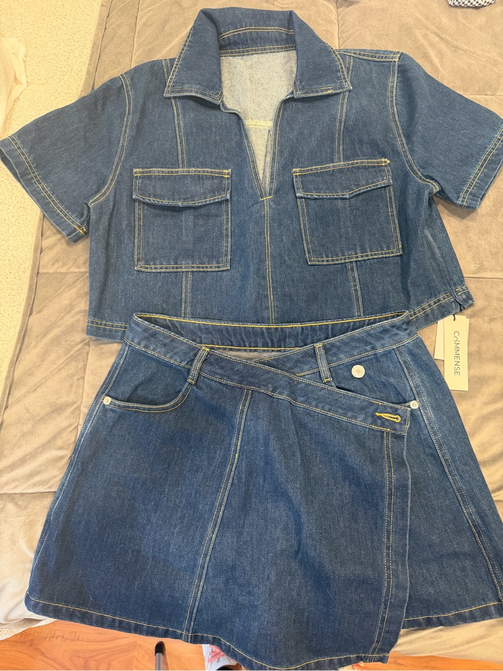 Commense Dark Blue Denim Button-Front Crop Top & Skirt Set